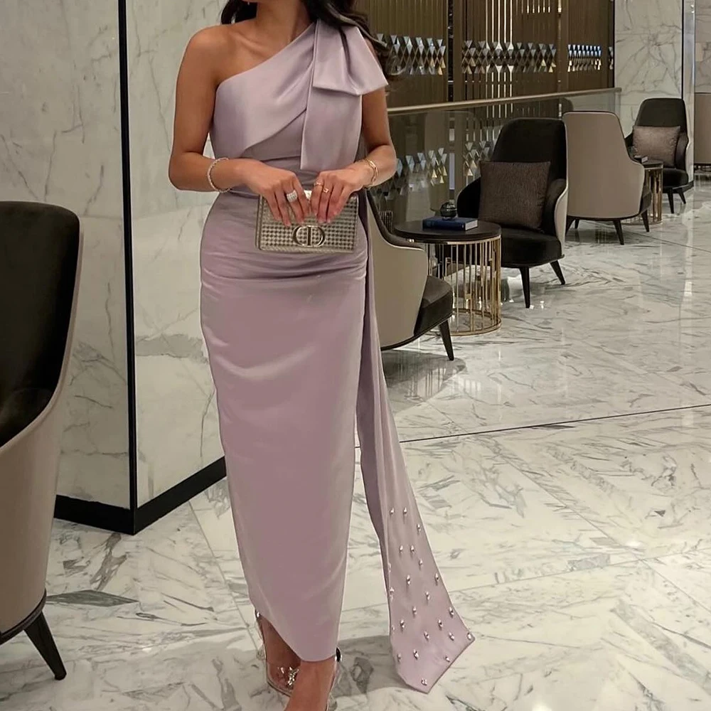 

Customized Modern Watteau Train Pleats Crystal Bow One Shoulder Evening Dress Graceful Straight Satin Party Gown платье вечернее