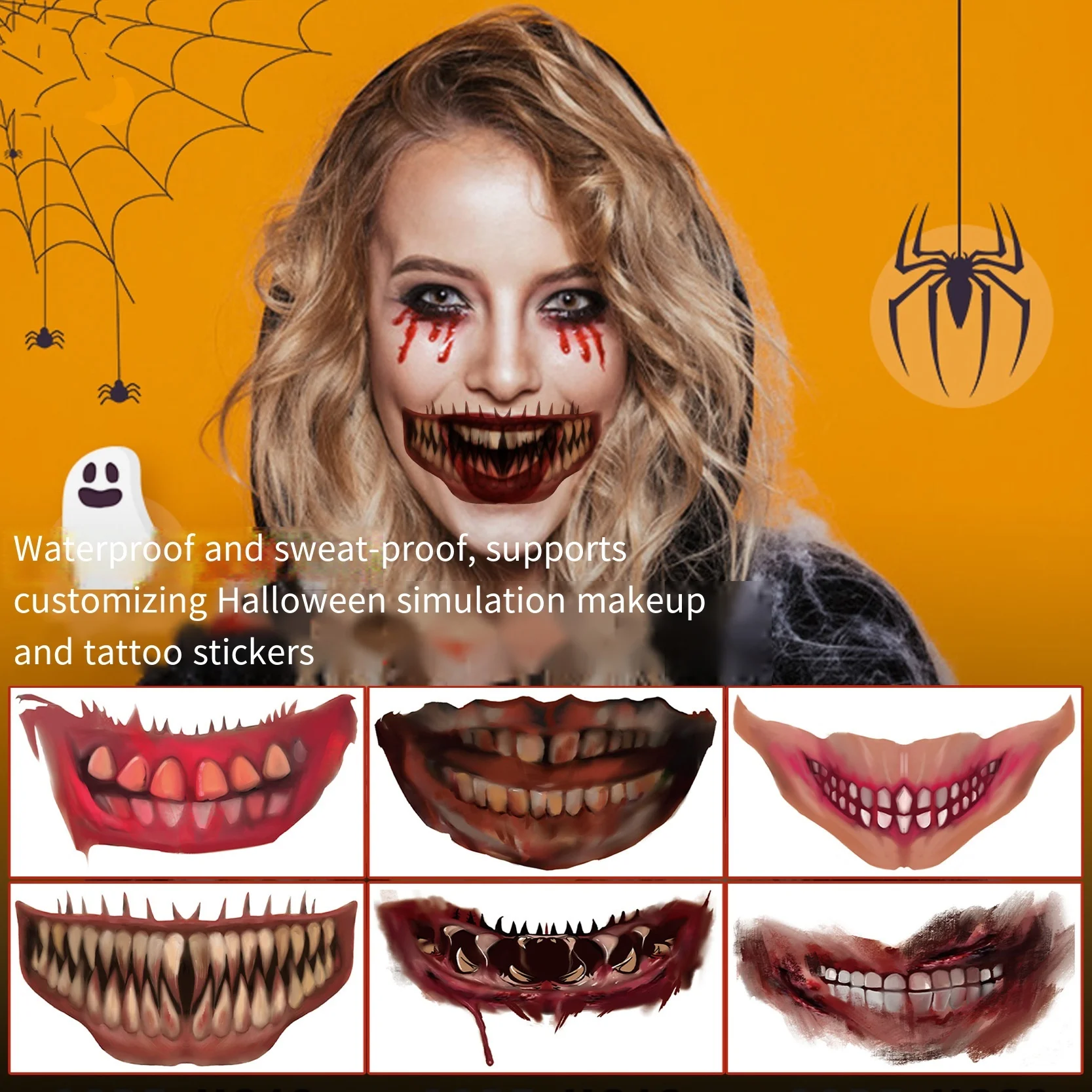 

20pcs Halloween Horror Big Mouth Temporary Tattoo Stickers Thriller Lip DIY Fake Tattoos Waterproof Funny Scar Makeup Decoration