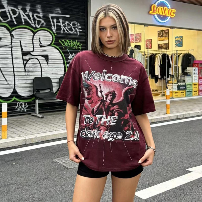 Vintage Washed Pink Angel Print Strass T-Shirt Herren Oversized Streetwear Y2K Gothic Grunge Rundhals Lässiges Grafik-T-Shirt – Detail 7