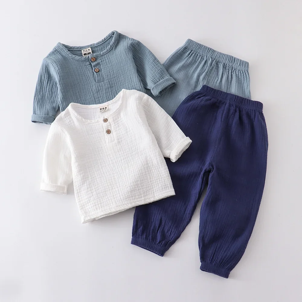 

2PCS Spring Baby Boy Clothes Sets 0-4Y Toddler Kids Muslin Organic Cotton Long Sleeve T-shirt + Loose Pants Children Outfits