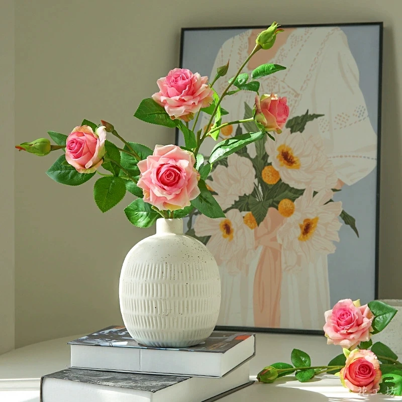 Pink Latex Moisturizing 3 Head Rose Flowers Real Touch Artificial Rose Flowers Wedding Home Decor Arrangement Party Accessories