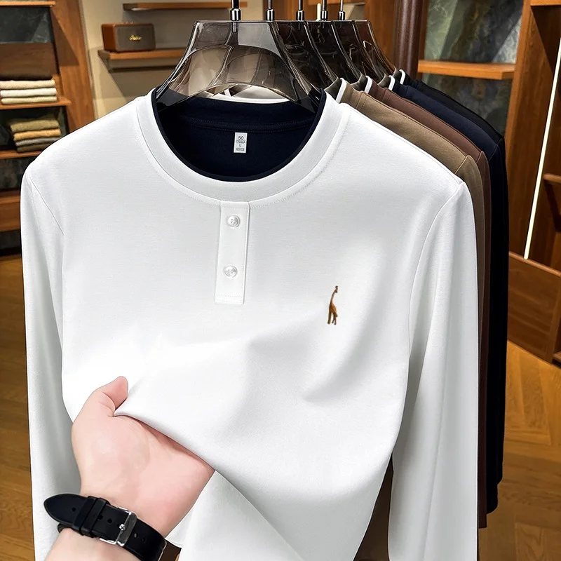 Autumn Vintage Men's Pullover Long-Sleeved T-Shirt Round-Neck Button Exquisite Embroidery Firm Elastic Korean Version Men's Tops