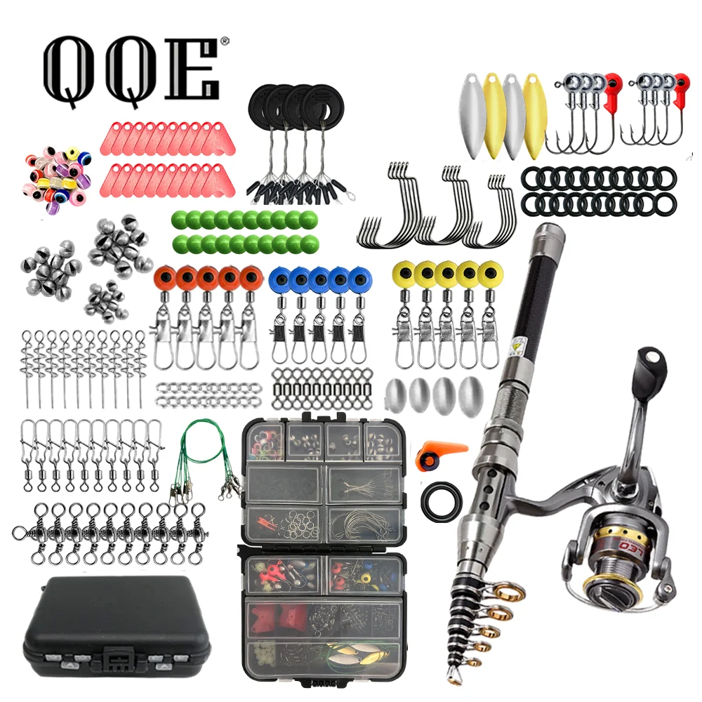 QQE 1.8M Carbon Fiber Telescopic Fishing Pole Reel Combo Complete Fishing Accessories Kit Portable Hard Toolbox
