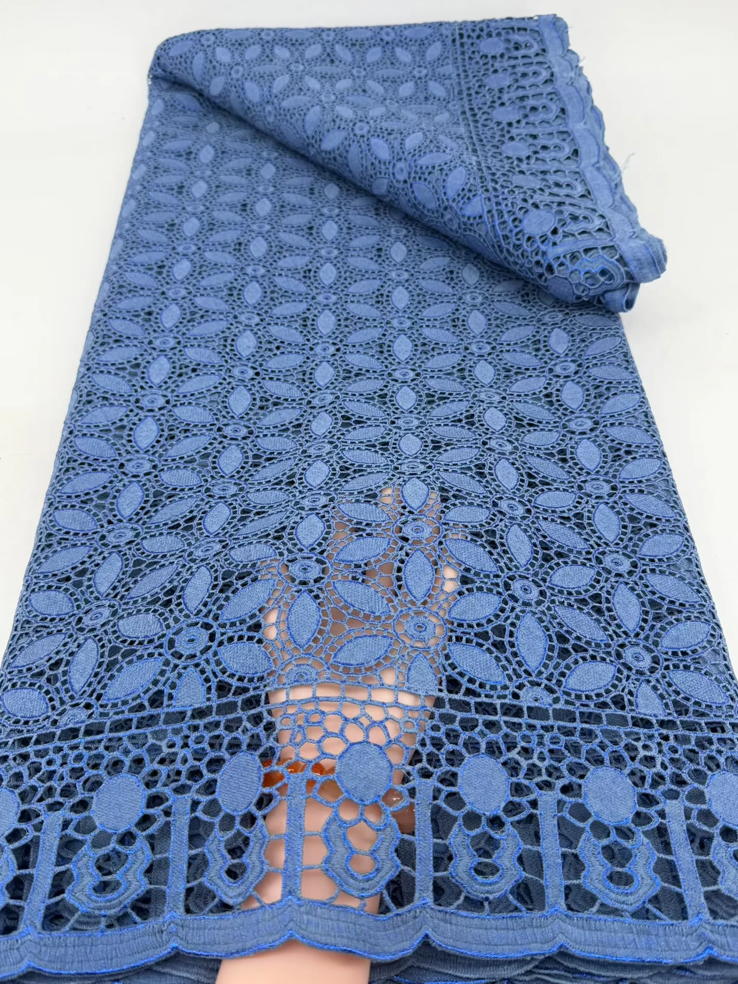 

Sky Blue 2026 Latest High Quality African Guipure Cord Lace Fabric Nigerian Water Soluble Milk Silk Lace Fabric For Party M49-1