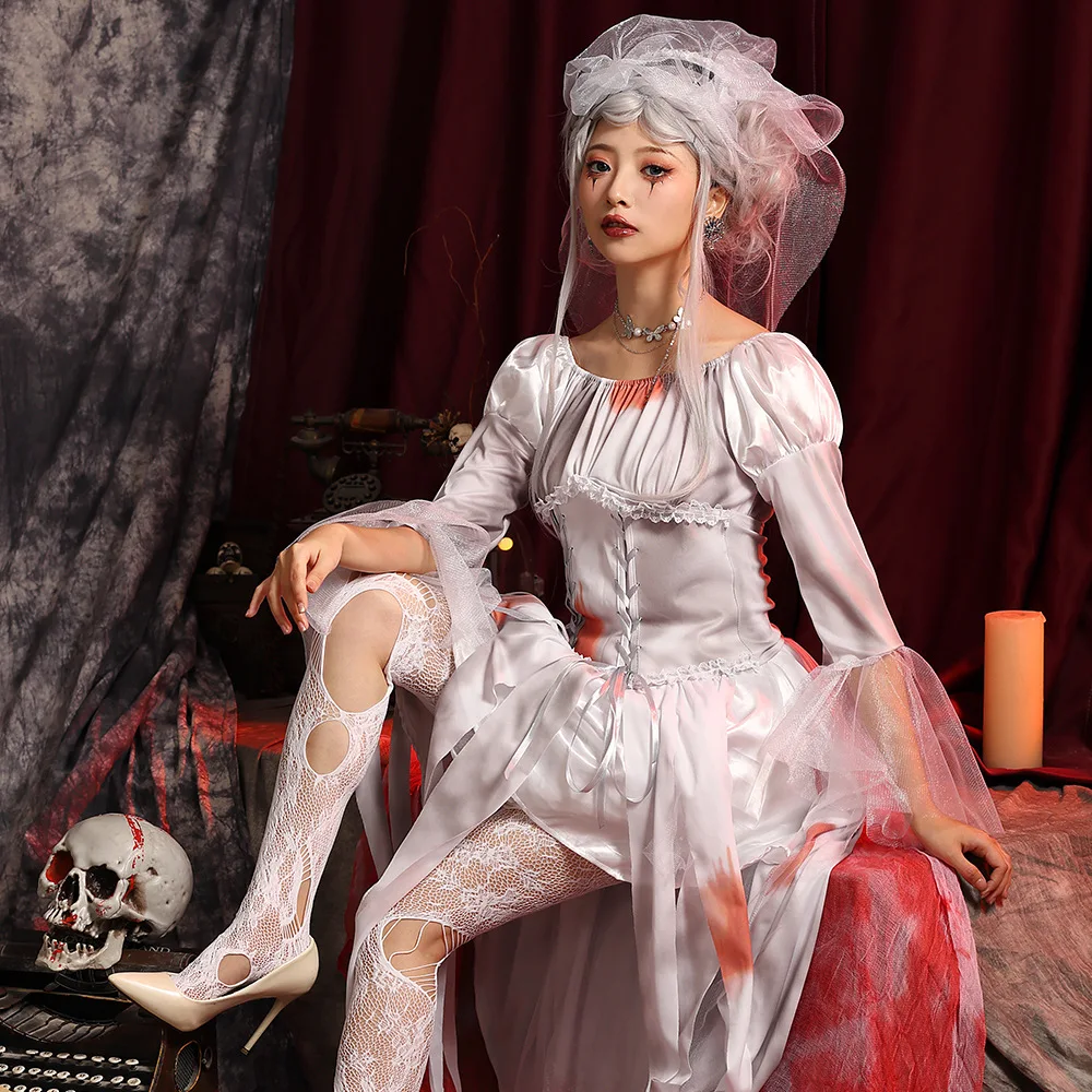 ey Bloodstained Horror Bride Wedding Dr with Veil for Zombie Cosplay Par in Bar Night Club Wedding Ghost Costume