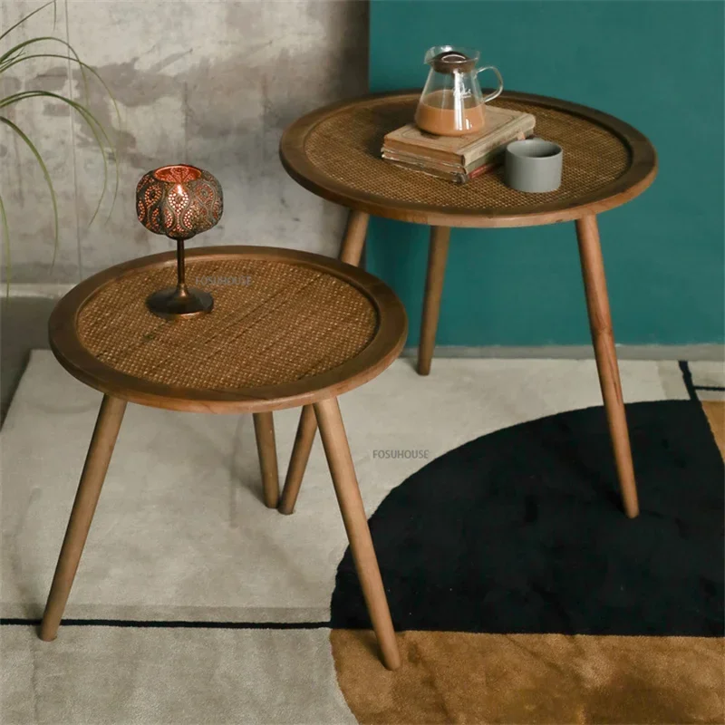 American Retro wooden Coffee Table for Living Room Furniture Simple Rattan Surface Sofa Side Table Round Balcony coffee corner