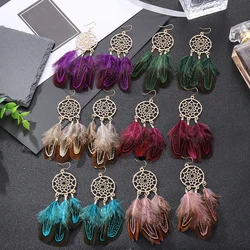 Women Faux Feather Earrings Bohemian Fringe Tassel Long Drop Dangle Earrings with Dream Catcher Design Earrings Gift for Girls