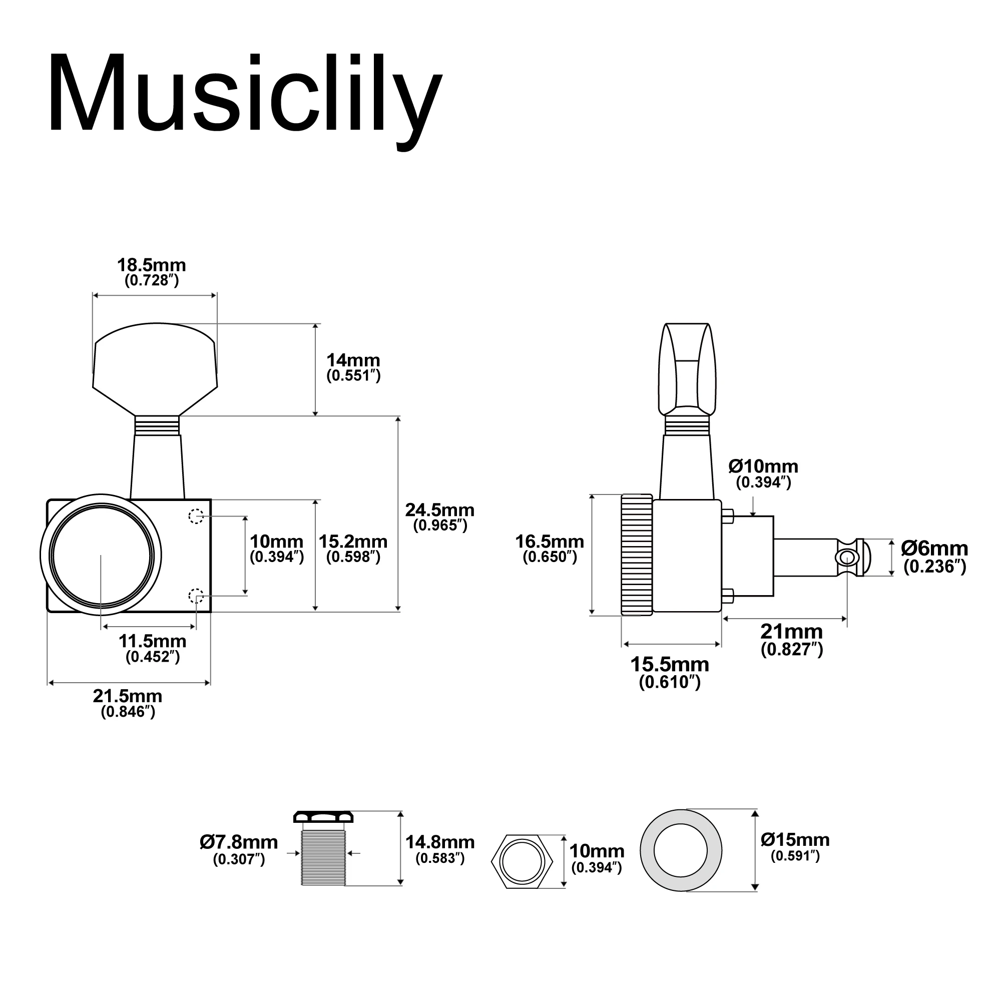 Musiclily Pro R18K 6R/6L 6-in-Line 18:1 Übersetzungsverhältnis 2-Pin Vollversiegelte Mechaniken Stimmwirbel für Fender ST Tele – Detail 3