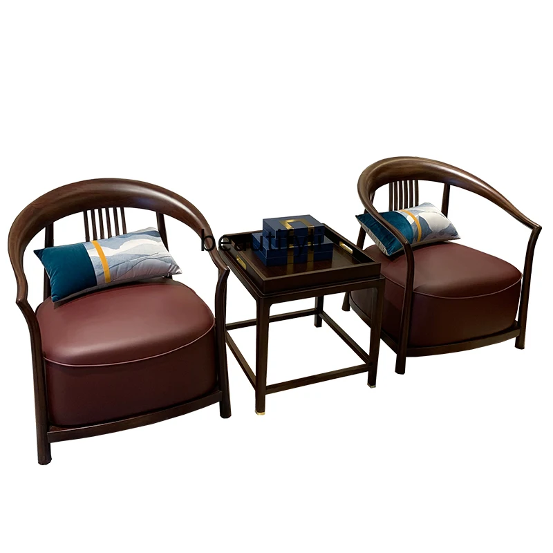 

New Chinese Style Ugyen Wood Lounge Chair Three-Piece Set Leather Single Sofa Circle Sofa Chair