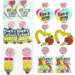 Opening Season Text Shining Love Pencil Earrings Love Pencil Apple School Bus Return Season Pendant Shining Crystal Earrings