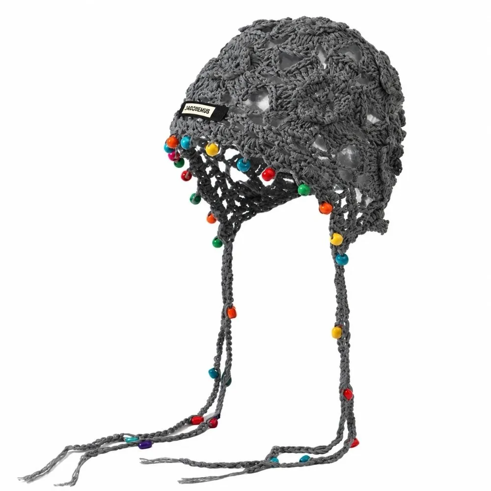 Openwork Crochet Knitted Beanie Drawstring Strap Color Bead Tassel Crochet Headwrap Hand‑hooked Craft Soft Yarn Fabric Boho Hat