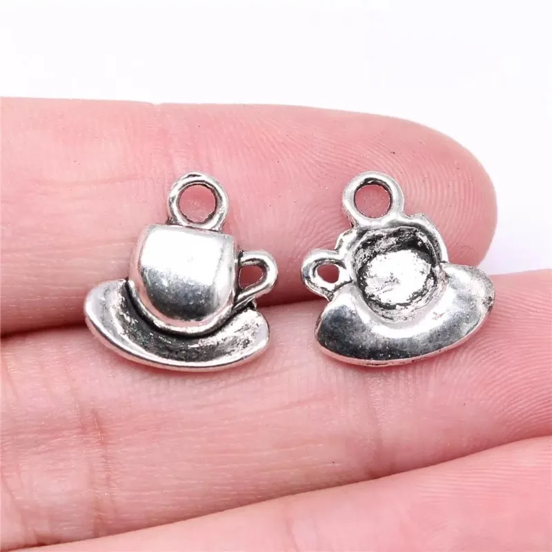 210 Stück antiksilberfarbene Tassen- und Untertassen-Anhänger, 15 x 14 mm, DIY-Armbänder, Schmuckherstellung, A2961, Großhandel – Detail 2