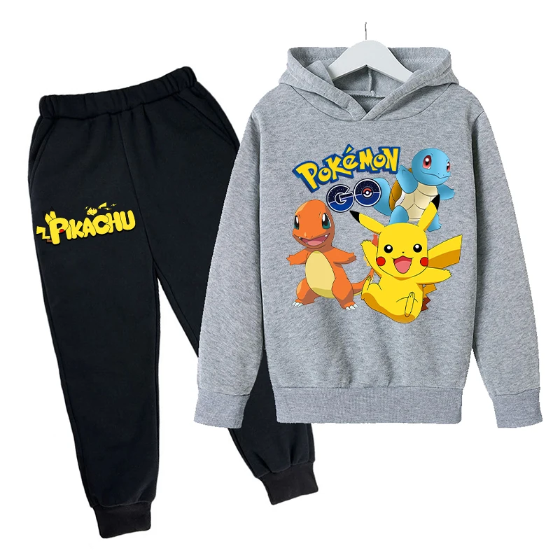 2pcs Pokemon Pikachu Hoodie Pants Suit Children Anime Sweatshirt Trousers Set Boys Girls Autumn Winter Fashion Two-piece Sets