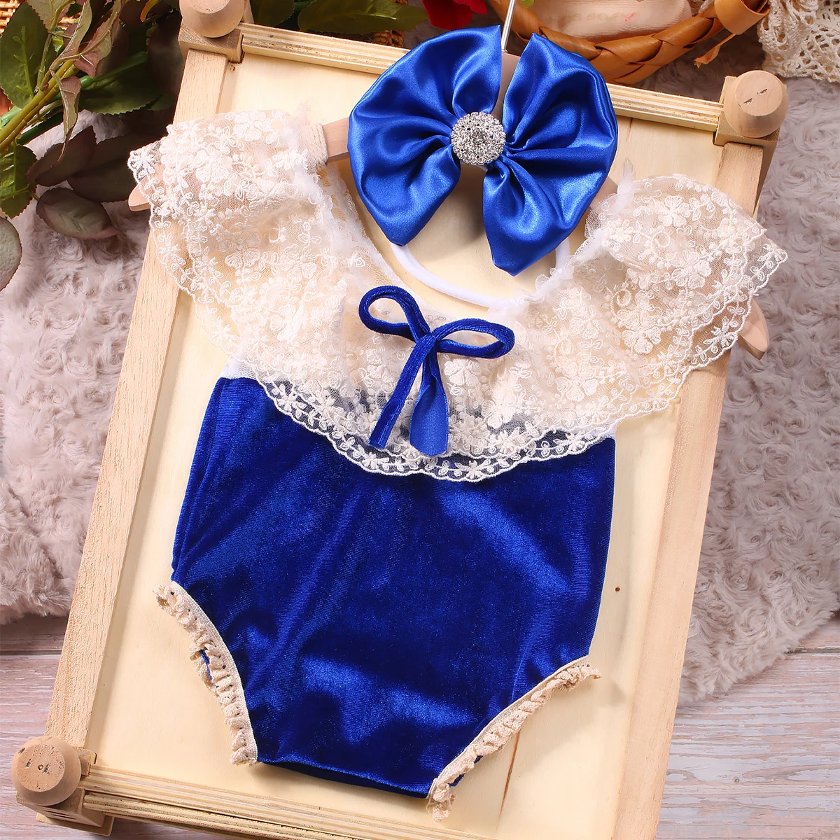 Ylsteed Newborn Girl Lace Romper for Photoshoot Baby Big Bow Rhinestone Hairband Infant Photography Outfit Picture Props