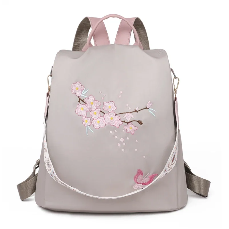 Oxford Solid Color Zipper Women\'s Backpack 2024 New Embroidered Chinese Style Casual Large Capacity Student School Bag Mochila