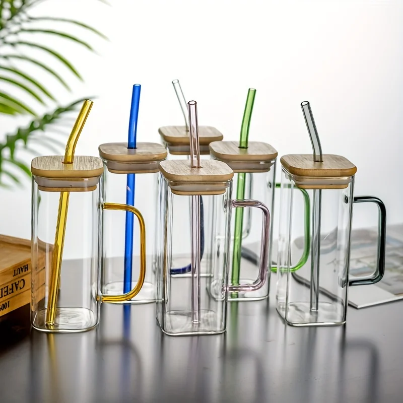 

Reusable 6-Piece Borosilicate Glass Straw Cup Set: Square, with Lid and Handle, Ideal for Hot & Cold Beverages