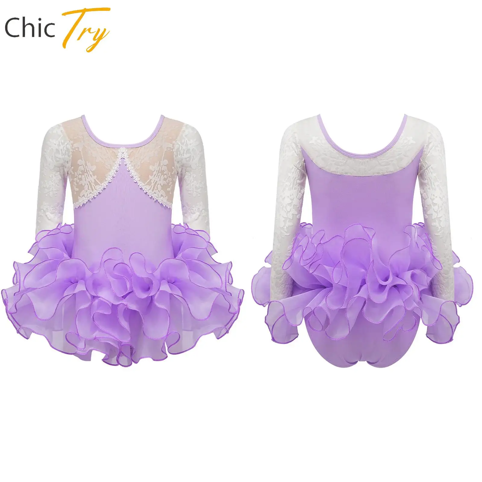

Kids Ballet Dance Outfit Girls Performance Costume Long Sleeve Lace Leotard with Layered Skirt Suits Fashion Ballerina Clothing