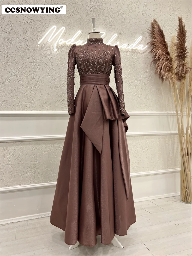 Satin Appliques Beaded Muslim Evening Dresses Long Sleeve Islamic Formal Party Gowns High Neck Women Arabic Robes De Soirée