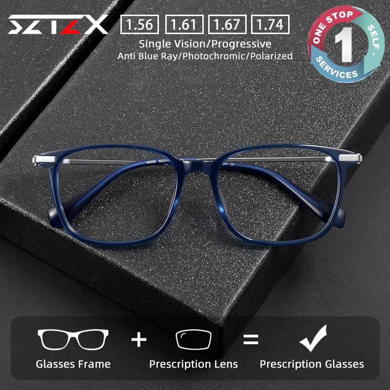 SZTZX Fashion Men Women Multi functional Glasses Pure Titanium Acetate Handmade Glasses Anti Blue Light Progressive Eyeglasses