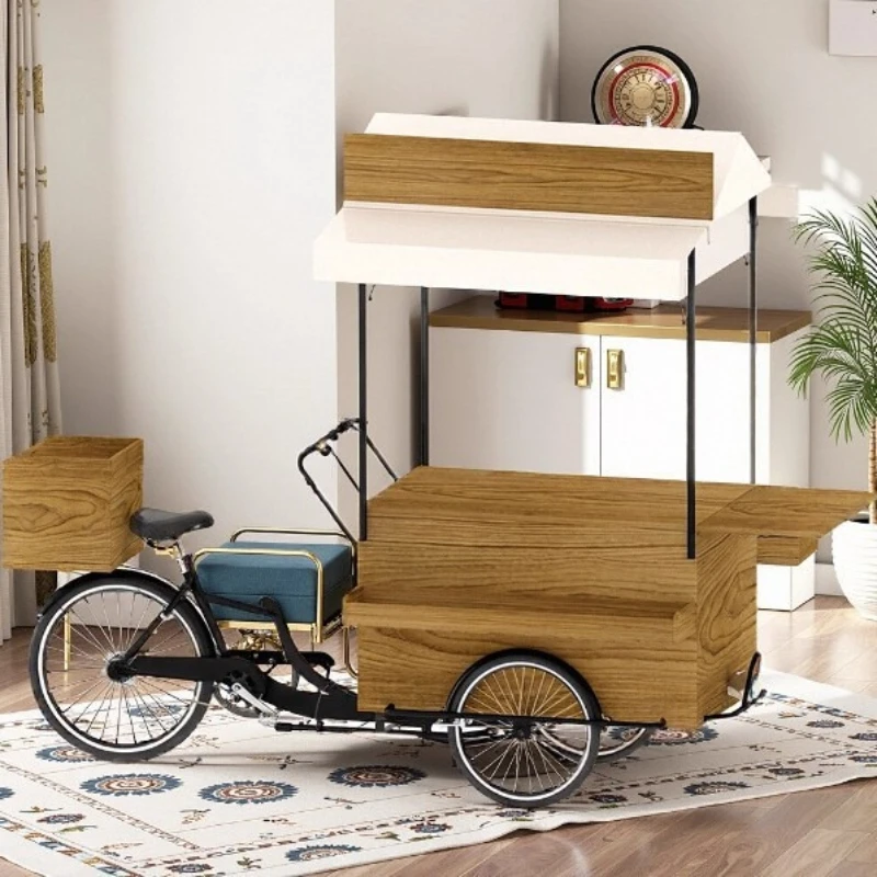 Internet celebrity solid wood trolley outdoor mobile reverse ride three-wheeled coffee dining car stall night market scenic car
