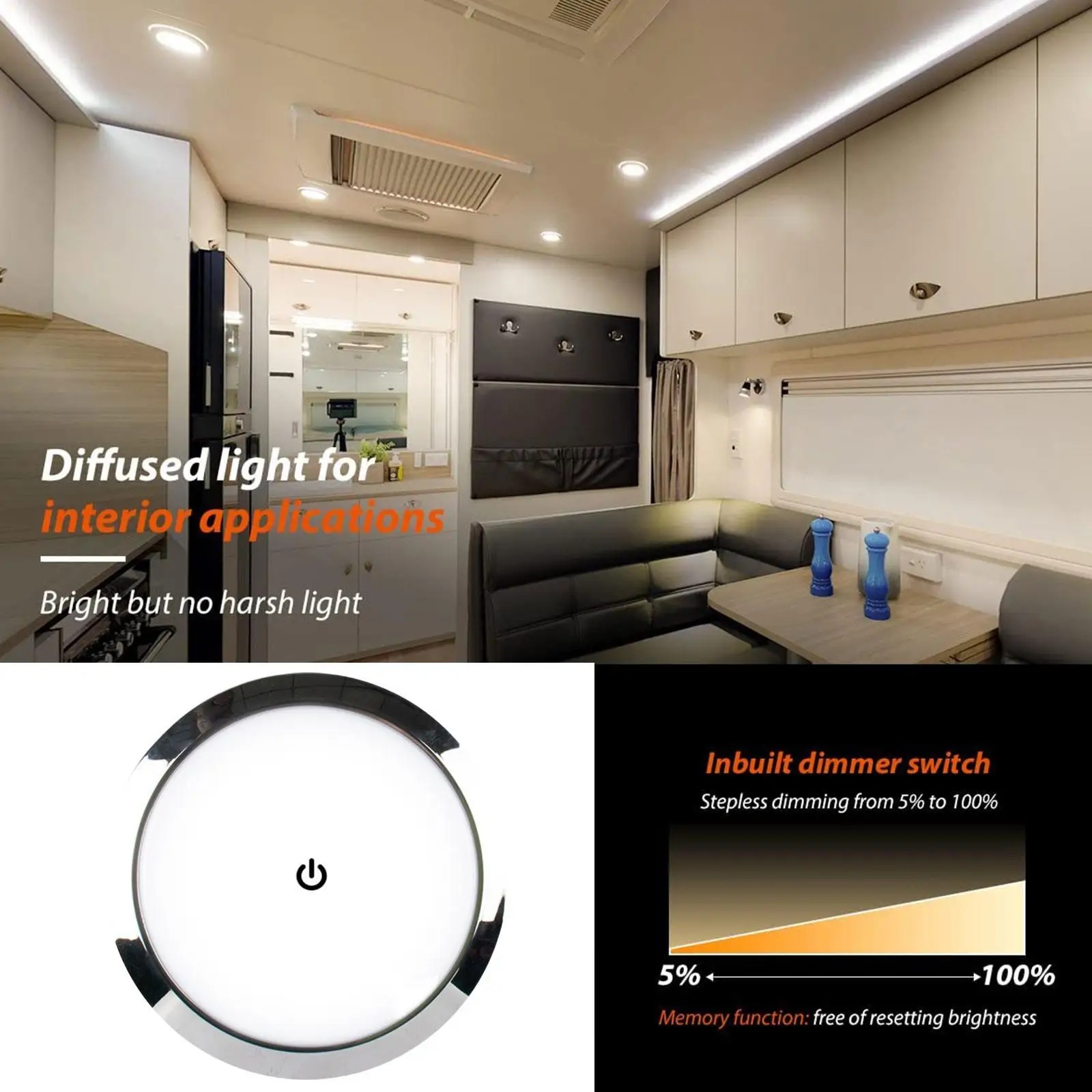 12V LED Touch Lamp RV Ultra-thin Round Dome Light Ceiling Lamp Reading Light for Caravan Boat Yacht Camping Car