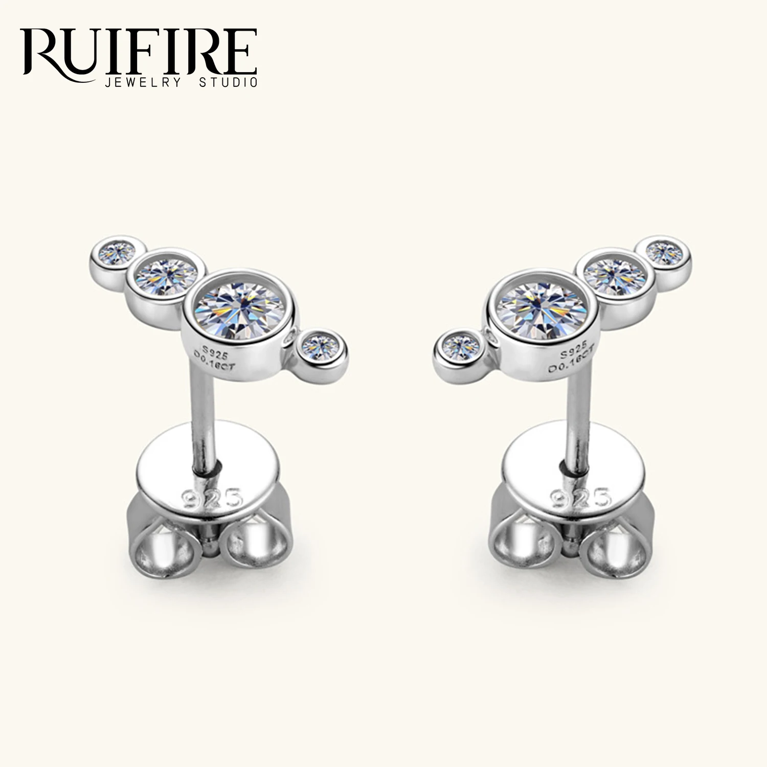 RUIFIRE 14K مطلية بالذهب S925 فضة أقراط صف أربعة الحافة المستديرة مويسانيتي القرط للنساء ارتداء اليومي مجوهرات