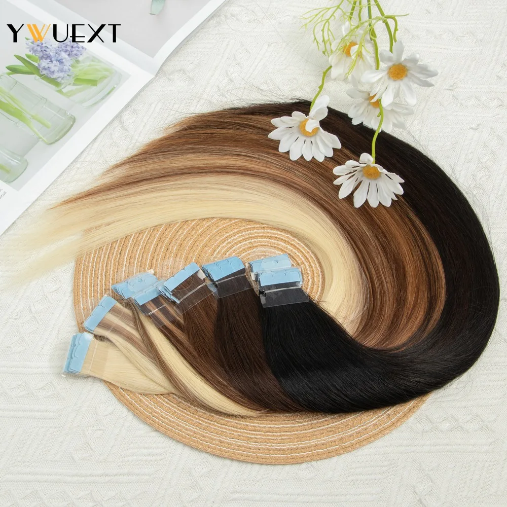 Ywuext fita em extensões de cabelo em linha reta 12-24 polegadas mini fita cabelo humano natural preto máquina remy cabelo 10 pçs cabelo sem costura