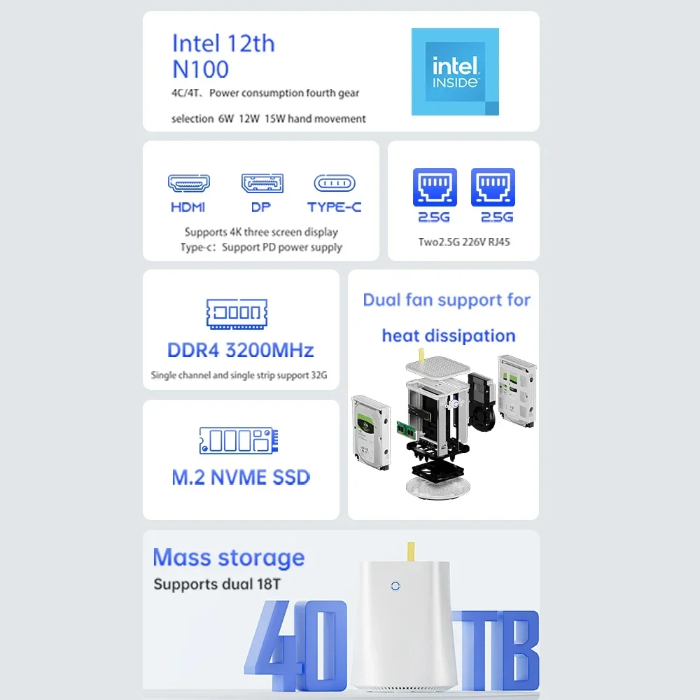 NAS كمبيوتر صغير جدار الحماية Intel N100 4x LAN 2x LAN Intel Ethernet i225V 2.5G WiFi 6 يدعم FreeNas RAID Windows 11 Pfsense Router OS