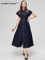 MARYYIMEI Spring Summer Women's dress Turn-down Collar Short sleeved Single breasted Embroidered Slim Elegant Long Dresses