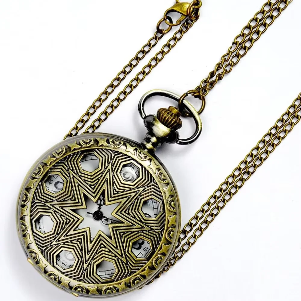 

Large New Creative Octagonal Round Hole Retro Unique Hollow Pocket Watch Quartz Watch With Necklace 8045