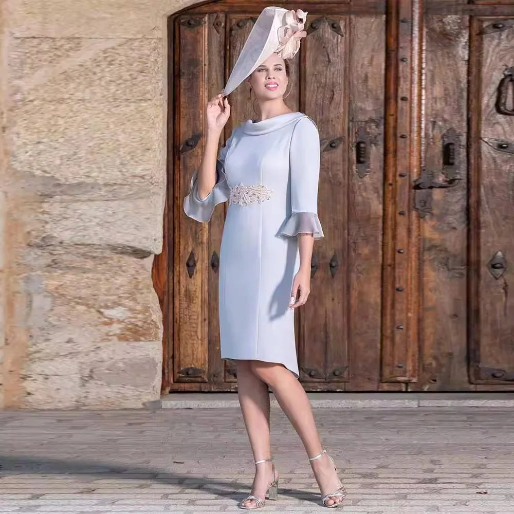 

Customized Classic Mother of the Bride Dress Woman Crepe Fabric Column Bridal Dress Sky Blue O-Neck Ruffles Pearls