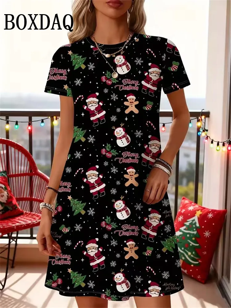 

Christmas Pattern Printing Women Dress Summer New Short Sleeve O-Neck Loose A-Line Dress For Women Sweet Cute Cartoon Mini Dress