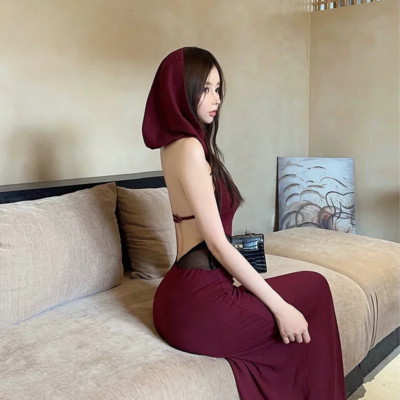 MiiiiX American Retro Cool Backless Long Dress Women 2024 Autumn New Fashion with Hooded Waist Gauze Splicing Sheer Party Dress