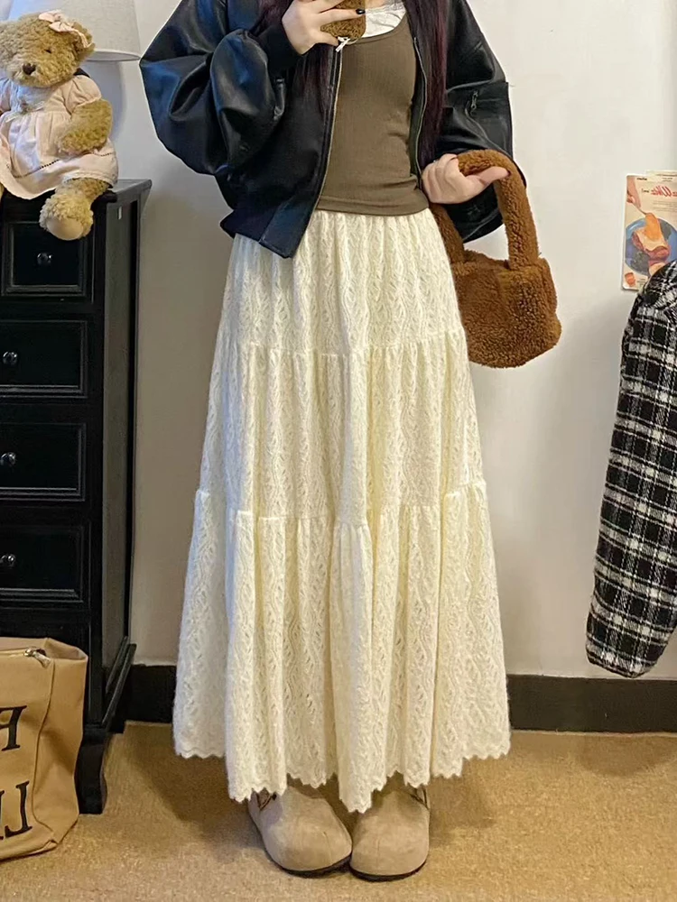 

Французские элегантные кружевные юбки-миди для женщин Y2K Зимняя плотная уличная одежда Лоскутные юбки трапециевидной формы с высокой талией Свободные универсальные длинные юбки