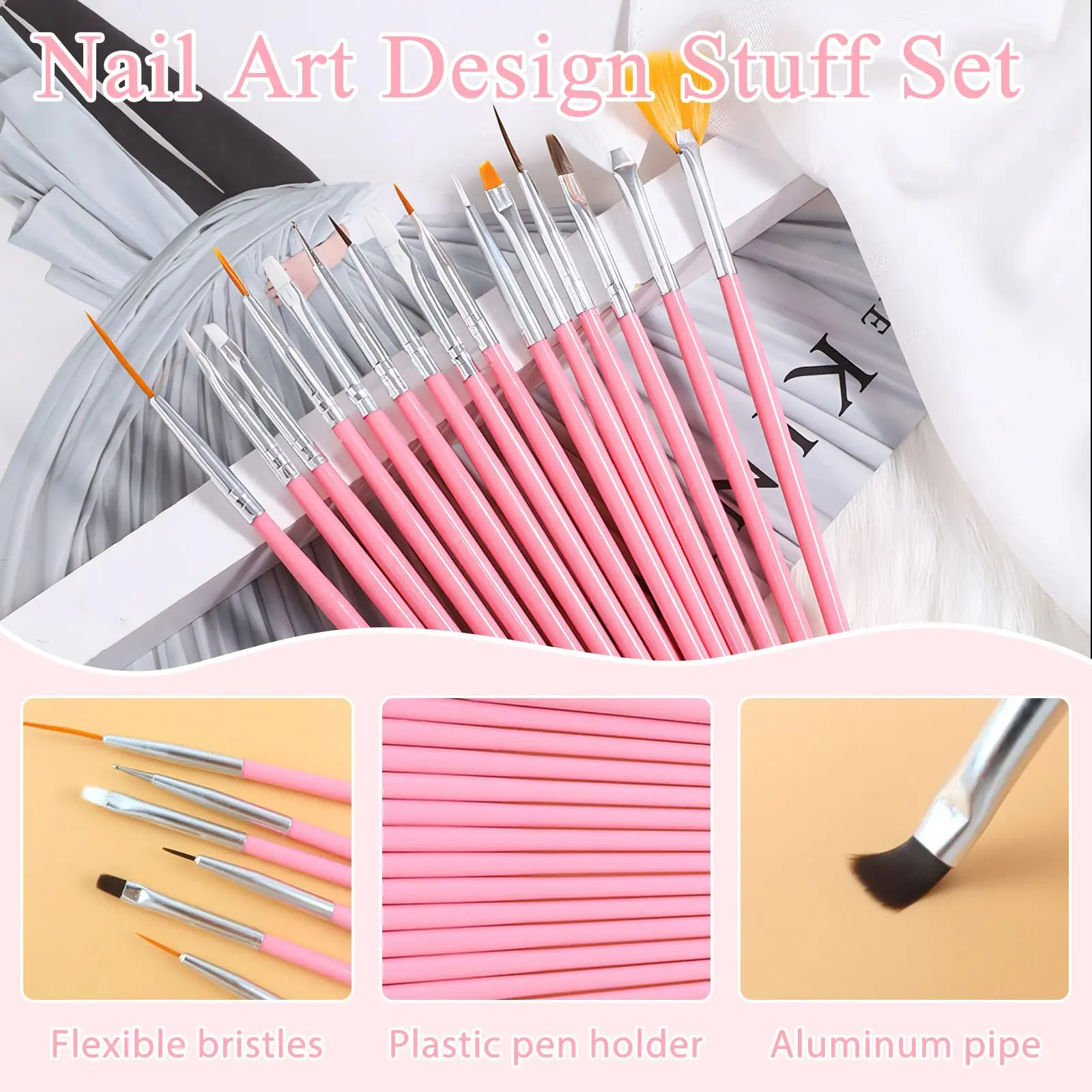 15-teiliges Nail-Art-Pinselset Multifunktionale Liner-Pinsel Detailpinsel und Reinigungswerkzeuge Geeignet für Gel-Nagellack und DIY – Detail 3
