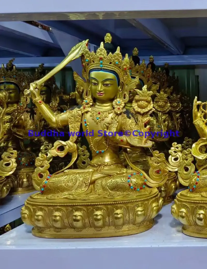 33cm large wholesale Buddhism Temple buddha statue Manjusri Bodhisattva family exorcise evil spirits Gold plating copper statue