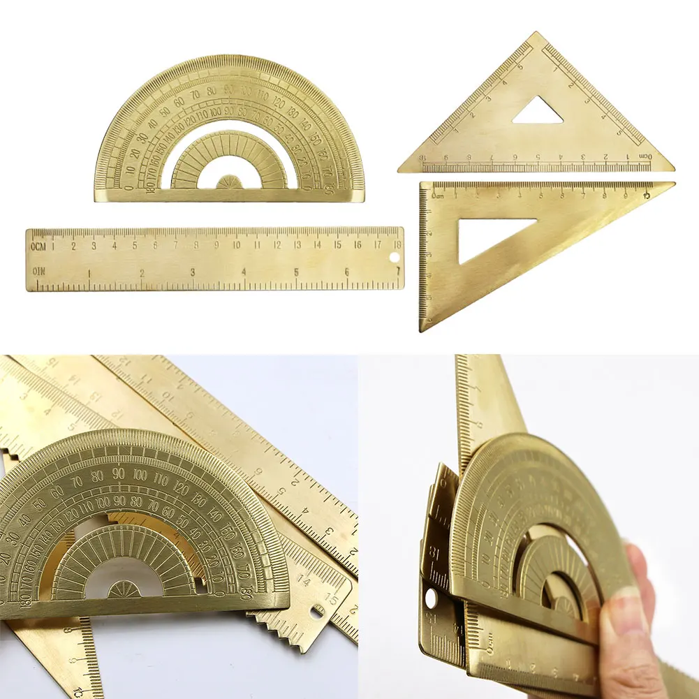 Technical Brass Ruler Set with Protractor and Triangular Rulers Crafted for Precision Measurement and Engineering Tasks