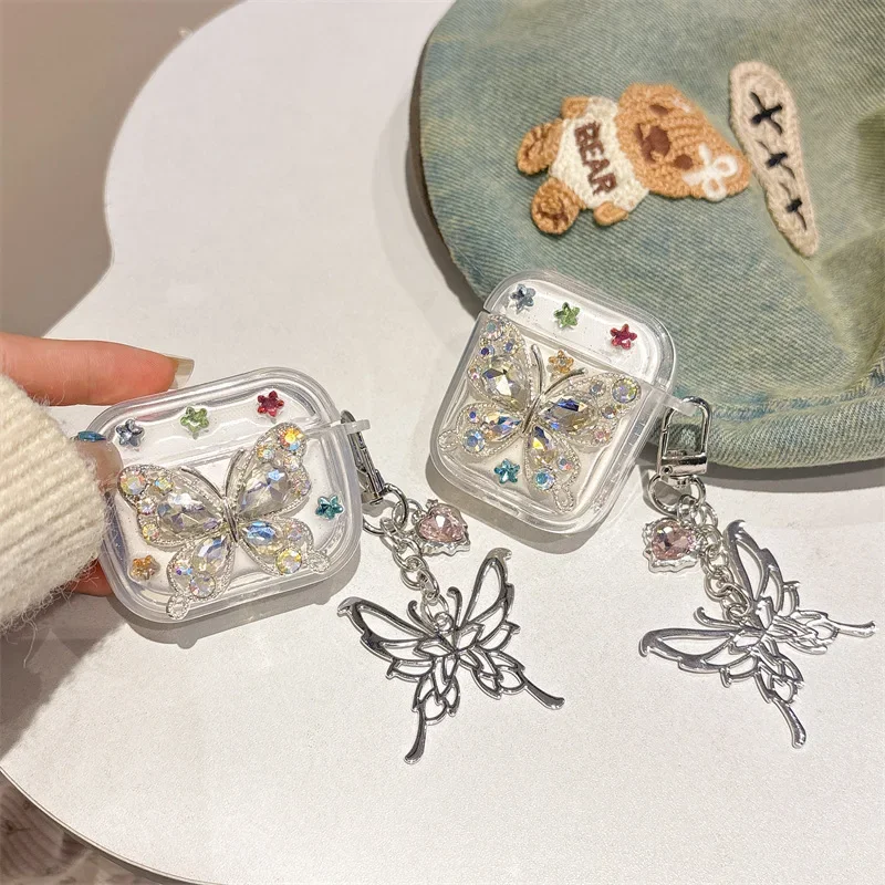 

3D Colored Diamond Butterfly Case for AirPods 4 Airpod 1 2 3 Pro Pro2 Bluetooth Earbuds Charging Box Protective Earphone Cover