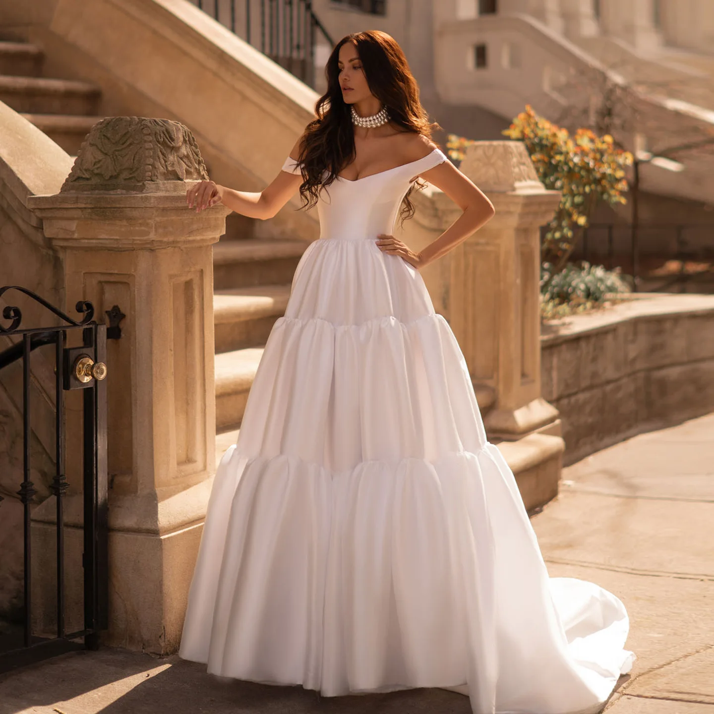

Sharon Said Elegant Off Shoulder A-Line White Satin Wedding Dress 2025 Simple Sweetheart Court Train Bride Gown SW148 Customized