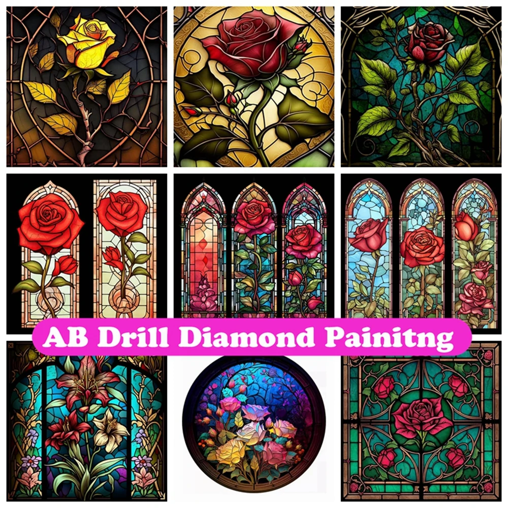 

Stained Glass Red Rose 5D DIY AB Diamond Painting Mosaic Fantasy Flower Cross Stitch Embroidery Handmade Craft Home Decor Gift