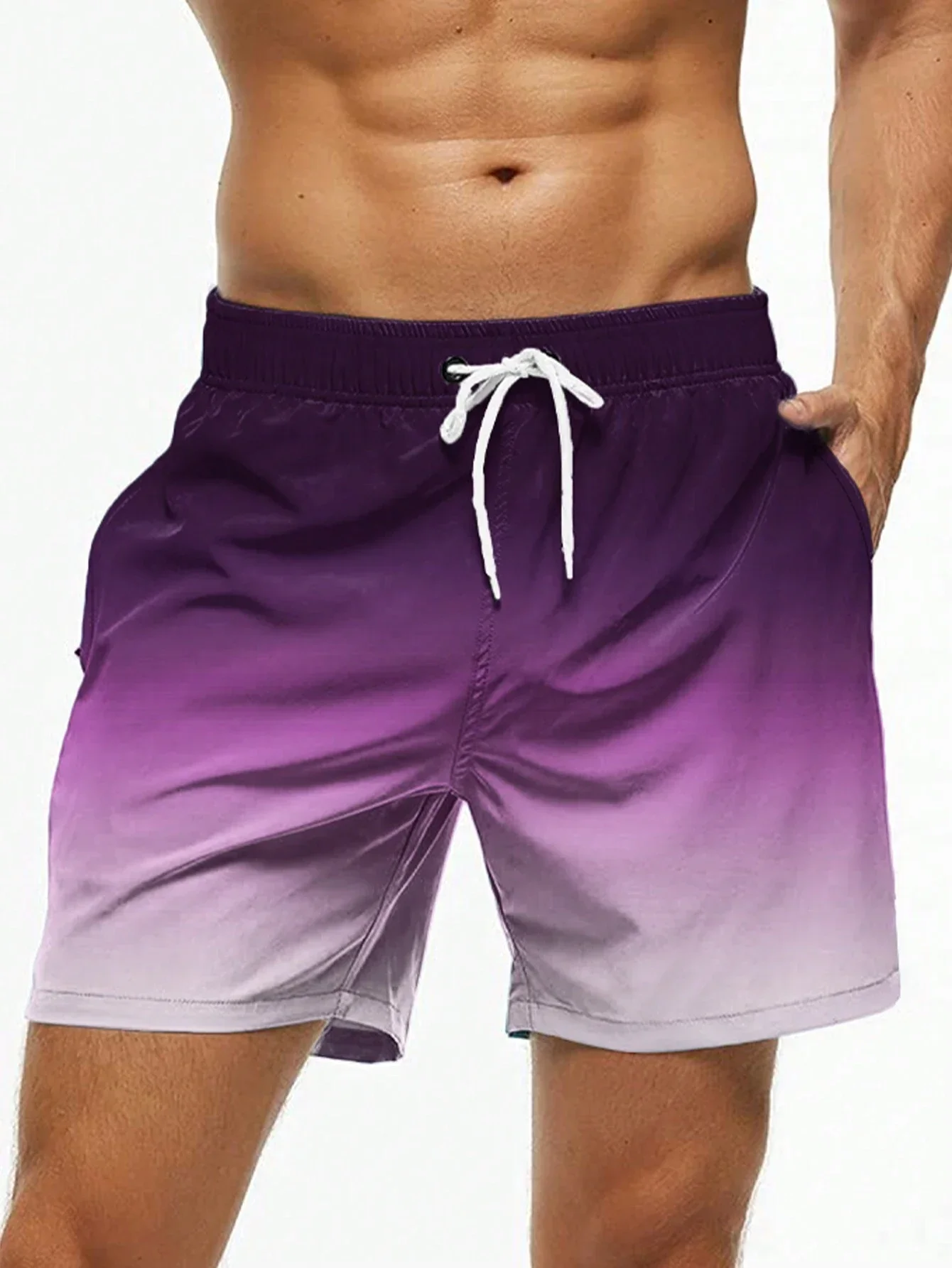 Men's Beach Shorts Gradient Color Block Drawstring Summer Mens Shorts Swim Trunks Elastic Waist 3D Print Breathable Short Pants