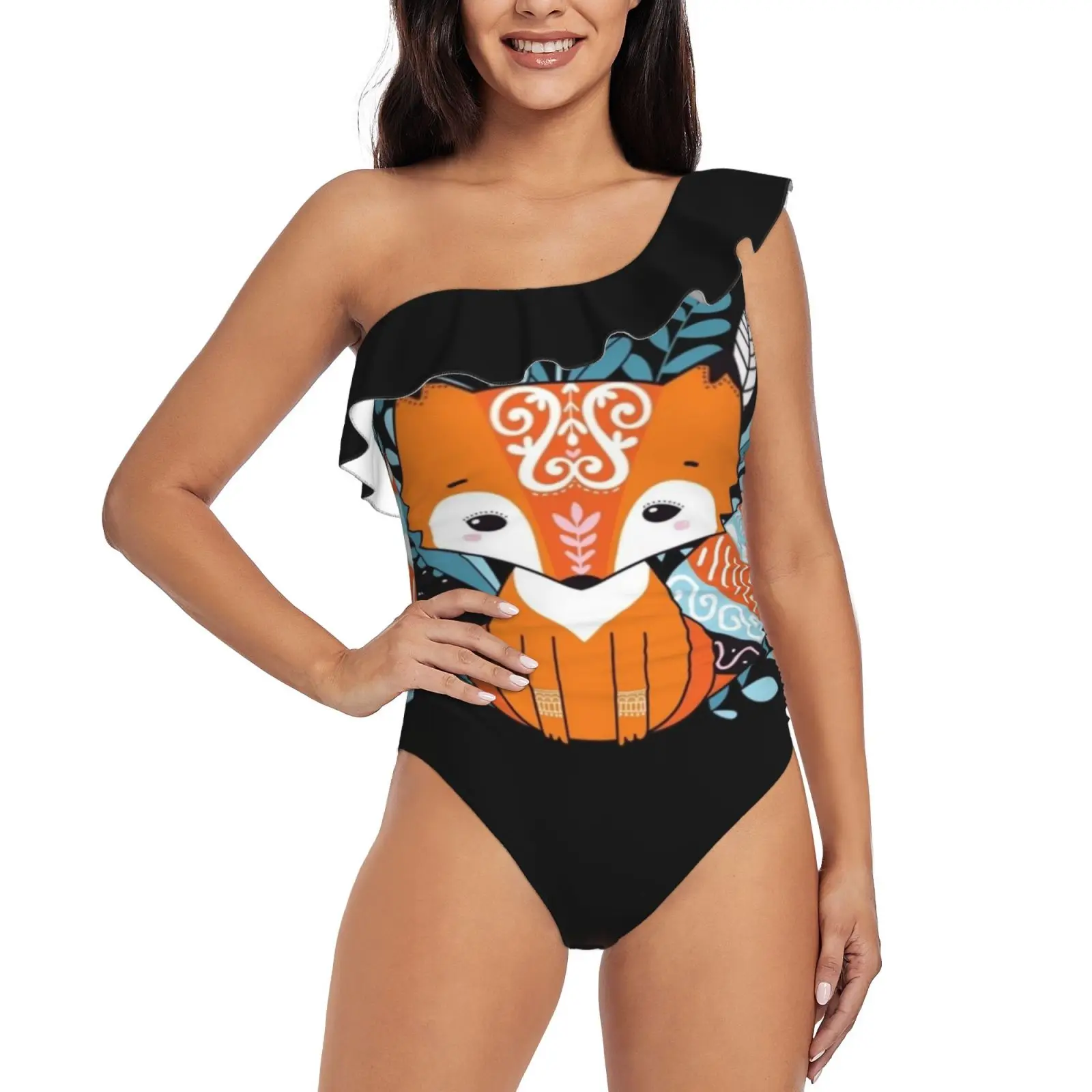 Ethnic Fox One Piece Swimwear One Shoulder Ruffle Swimsuit Women Backless Bathing Suit Fox Fox Cute Animal Cartoon Vector