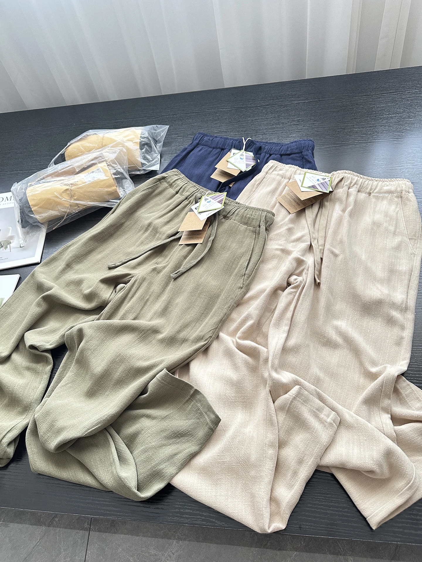 High-End Men's Cotton Linen Blend Summer Casual Pants Loose Straight Leg Elastic Waist Comfortable Casual Trousers