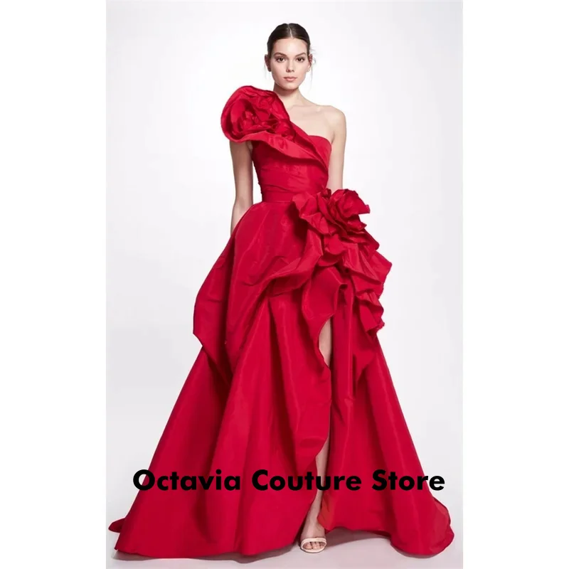 

Красное атласное платье для выпускного вечера по индивидуальному заказу, трапециевидное 3D вечернее платье с большим цветком, элегантное вечернее платье длиной до пола на одно плечо 2024