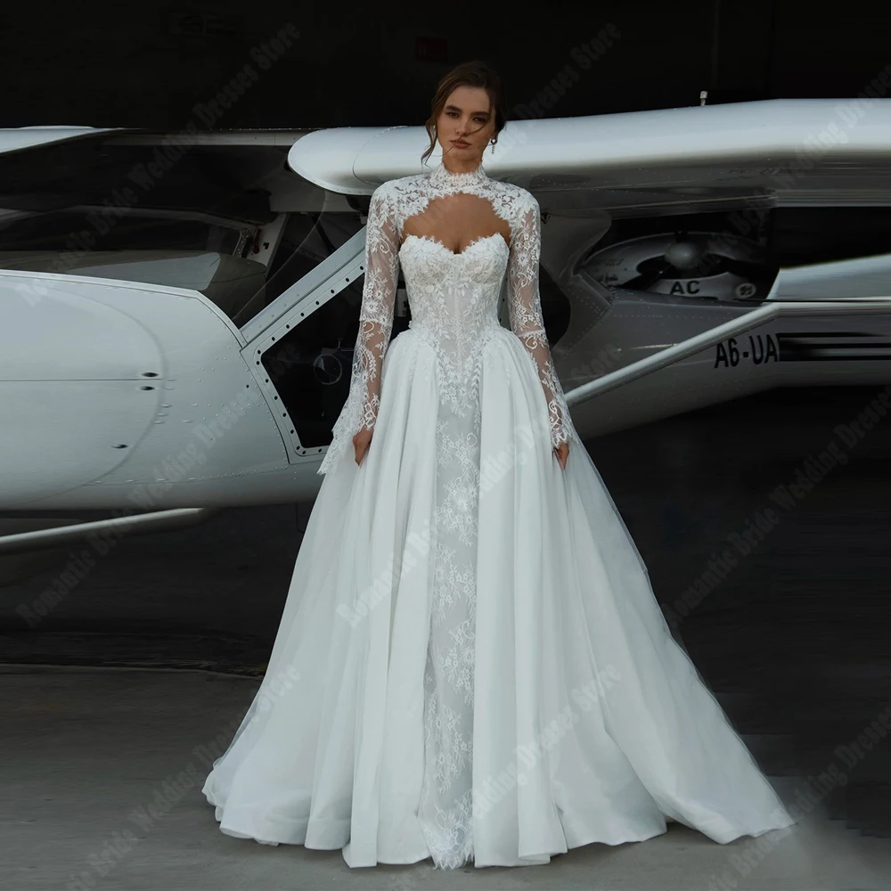 High Collar A-Line Women Wedding Dresses Shining Glitter Appliques Wedding Gowns Princess Banquet Vestidos De Novias Customized