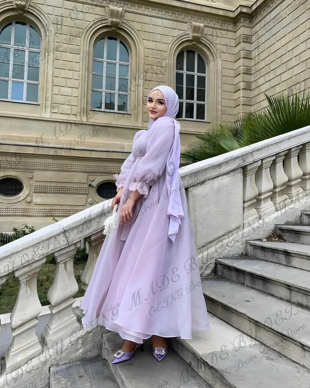 OEING Lavender A Line Organza Evening Dresses High Neck Puff Long Sleeves Muslim Dubai Arabic Women Formal Prom Gowns Elegant