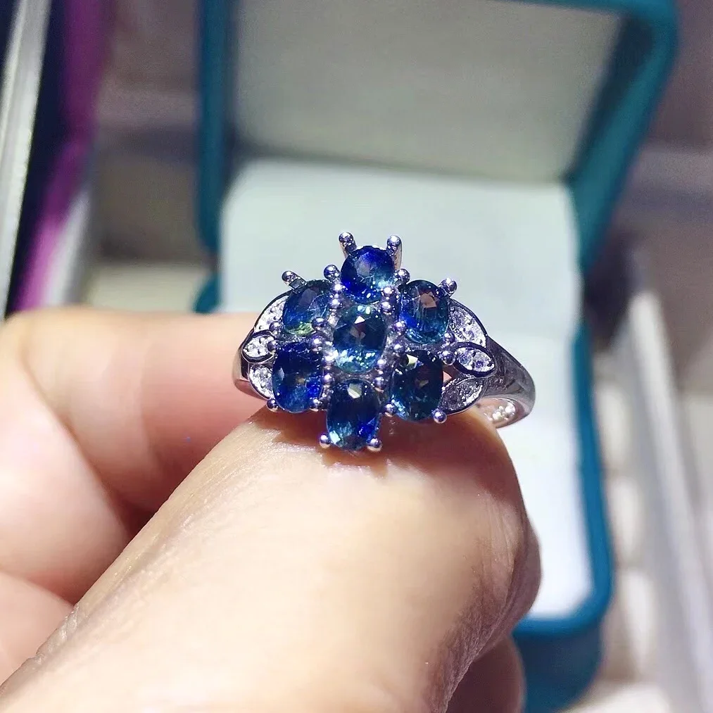 

Luxury 925 silver sapphire ring for party 7 pieces 3mm*4mm natural sapphire silver ring 18K gold plating sapphire jewelry