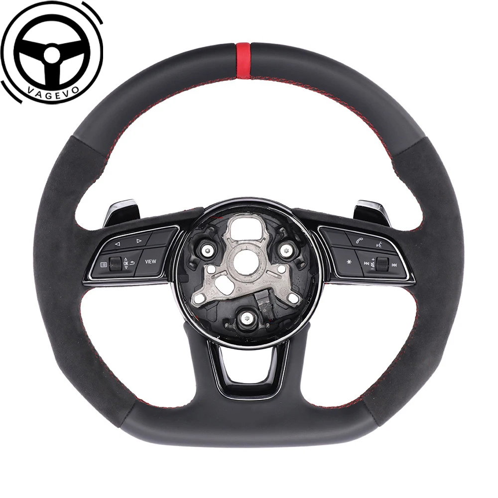 

For Audi A4 B9 Red Stitching Suede Leather Multifunctional Flat Bottomed Steering Wheel With Paddles