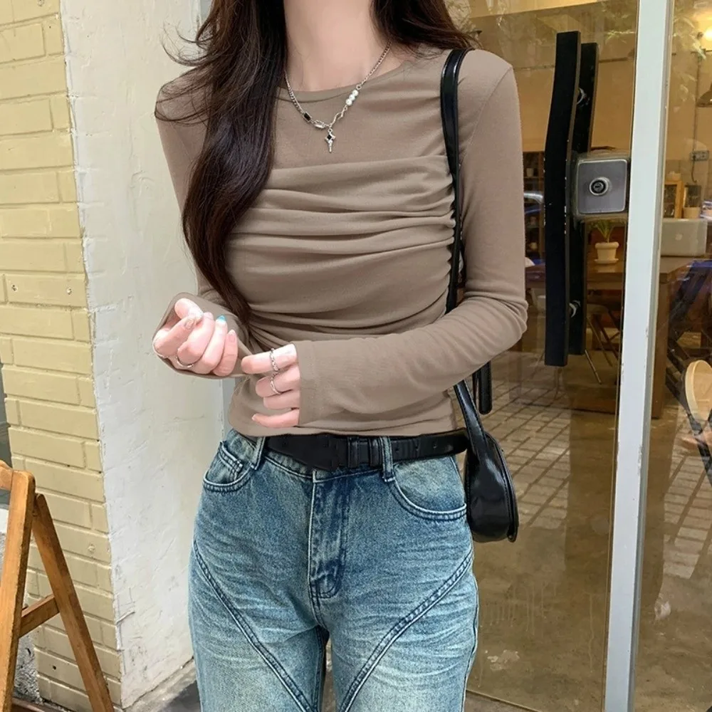 

Long Sleeve Slim Long Sleeve T-shirt Streetwear Wrinkle Shape Women Thin Tops Versatile Transparent Mesh Korean Style Crop Top