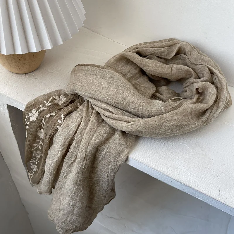 VREOVOR Cotton Linen Lace Splicing Scarf Lady Breathable Super Fairy Tulle Towel Literary Embroidery New Spring and Summer